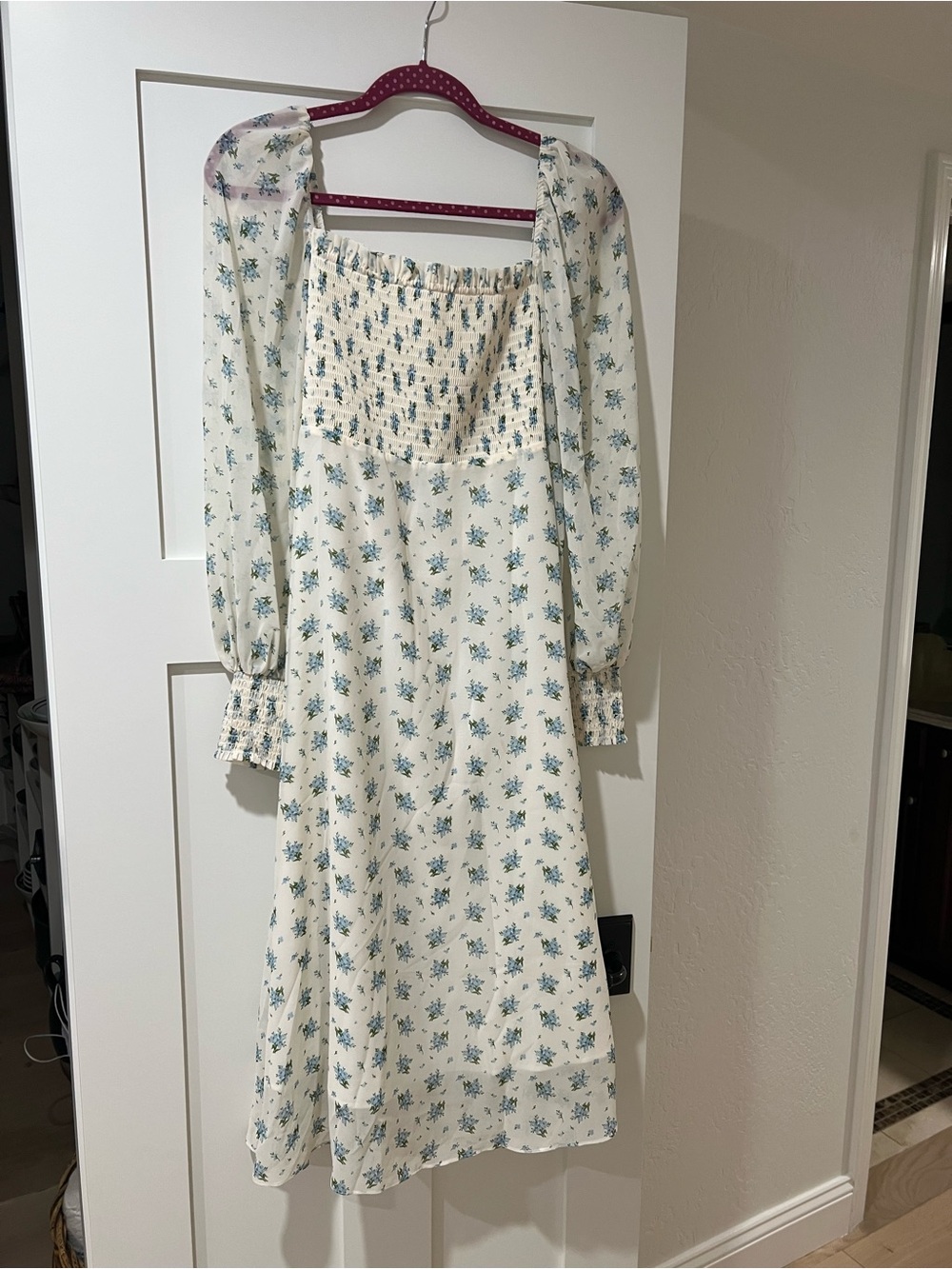 Ivory Floral Smocked Midi Dress with Blue Print